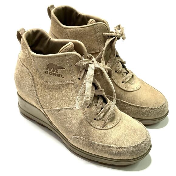 Sorel Womens Sz 8 Evie Lace-Up Beige Leather Waterproof Wedge Booties Shoes - Picture 1 of 12